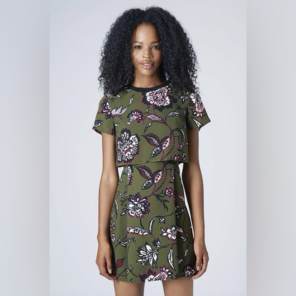 Topshop Crocus Floral Overlay Green Dress Side Cut Outs Back Zipper Short Sleeve